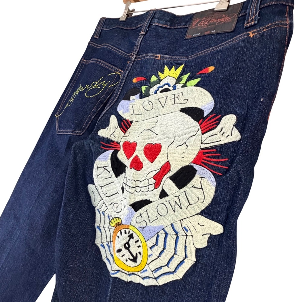Ed Hardy 2008‎ Love Kills Slowly Jeans Mens 40 Blue Skull Embroidered Tattoo Y2K